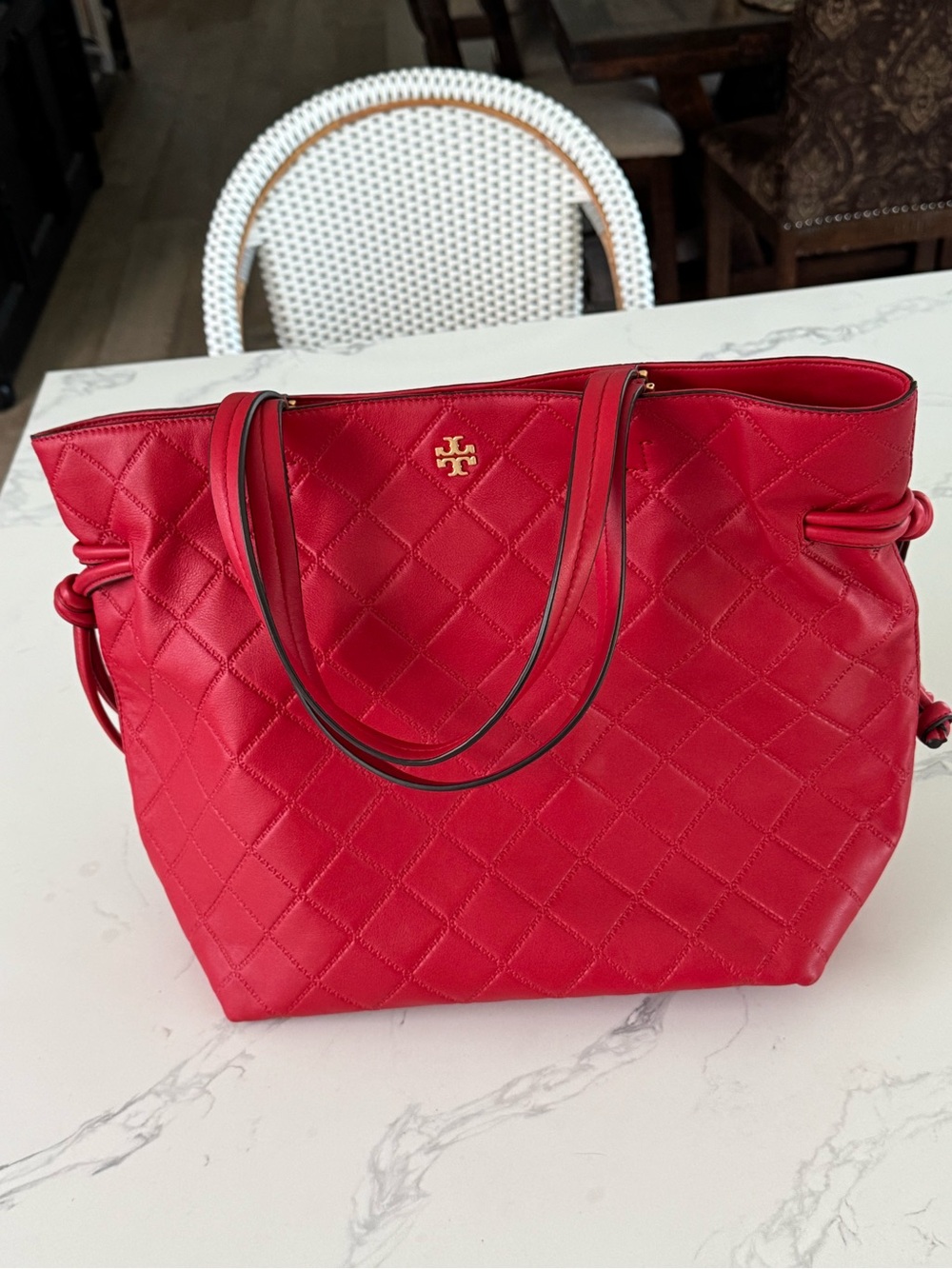 Tory Burch Georgia Slouchy Red Quilted Leather Tote with Gold Logo